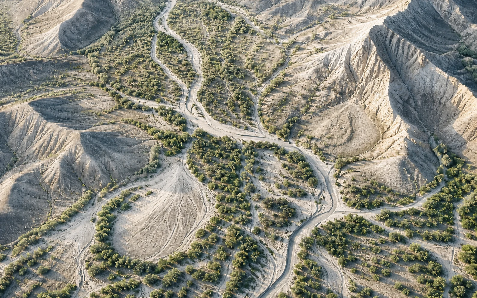 Sunlit aerial desert channels forming an interconnected natural system