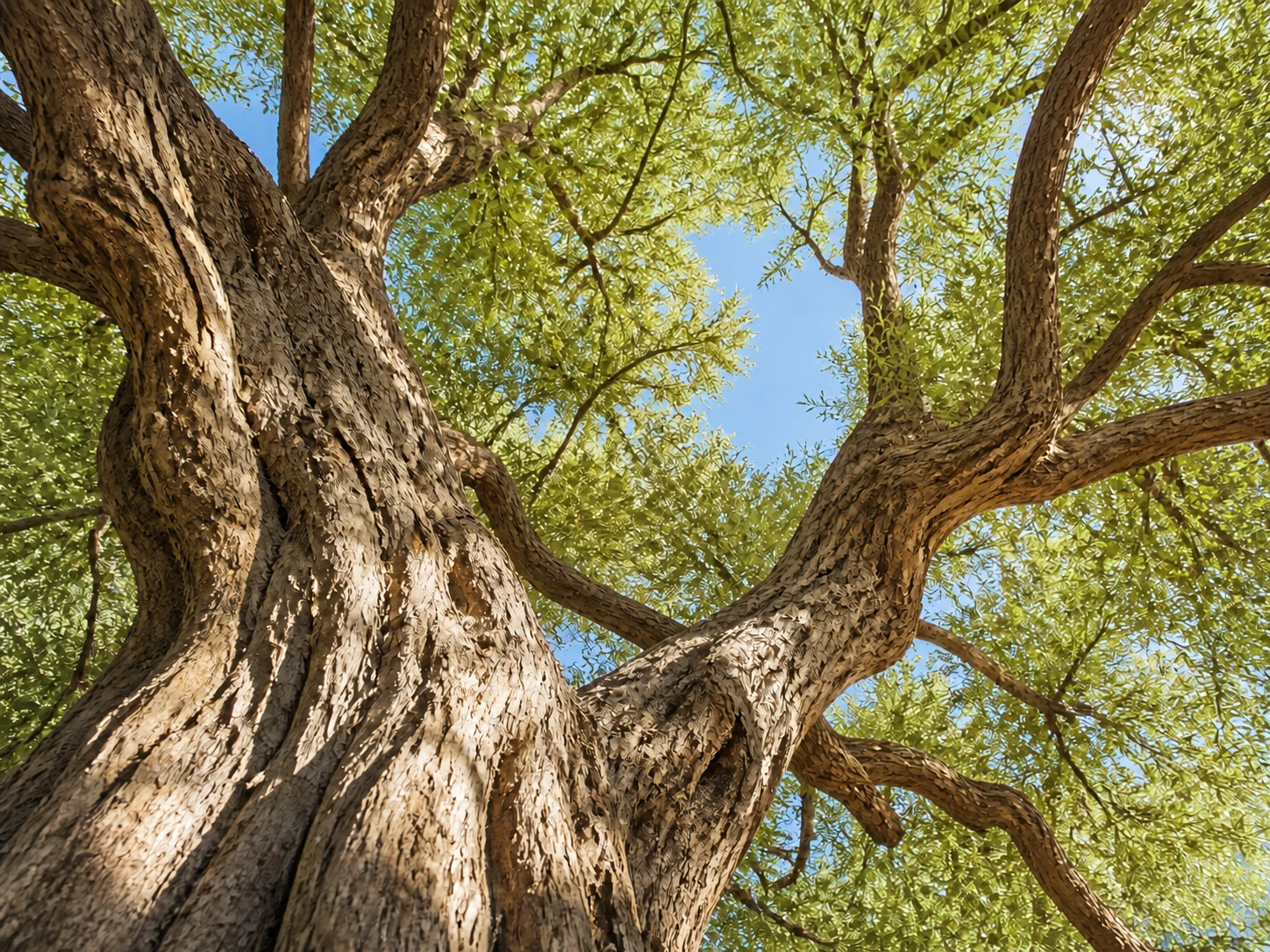 Looking upward through the sunlit branches of a mature desert ironwood tree