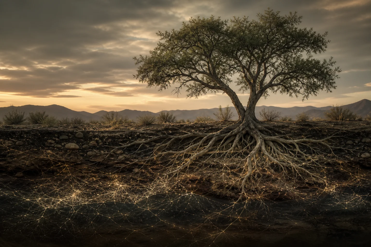 An ironwood tree and a network of roots and mycelial forms beneath the desert floor